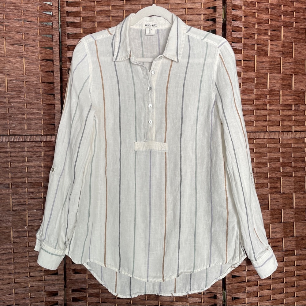 Artisan Ny White Button-Front Striped 100% linen Shirt, Coastal Boho Lagenlook S